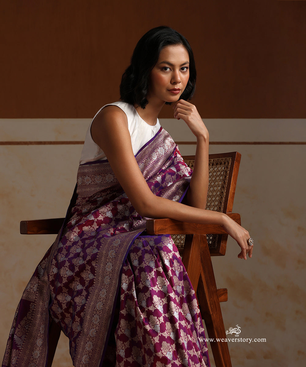Handloom_Purple_Pure_Katan_Silk_Cutwork_Banarasi_Saree_With_Gold_Silver_Floral_Jaal_WeaverStory_01