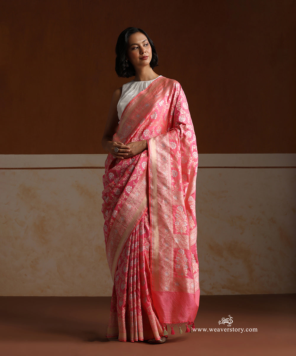 Handloom_Neon_Pink_Pure_Katan_Silk_Cutwork_Banarasi_Saree_With_Gold_Silver_Floral_Jaal_WeaverStory_01