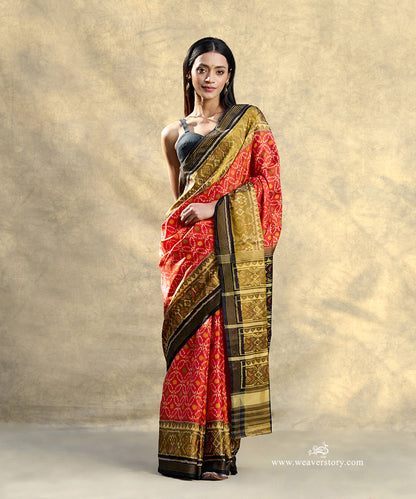 Rust_Orange_Handloom_Pure_Mulberry_Silk_Ikat_Patola_Saree_With_Black_Border_Pallu_WeaverStory_01