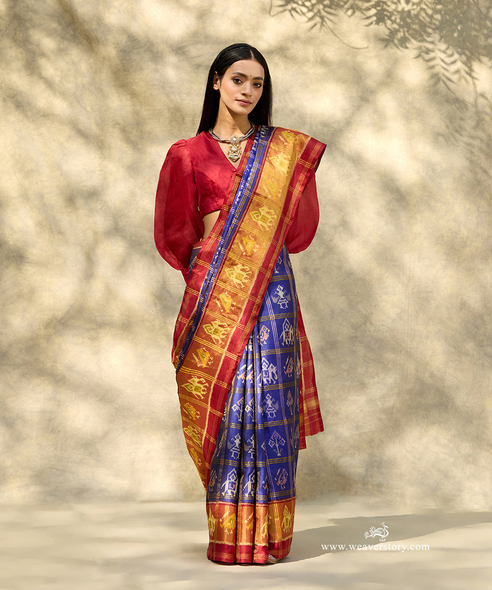 Ink_Blue_Handloom_Pure_Pure_Mulberry_Silk_Ikat_Patola_Saree_With_Maroon_Border_Pallu_With_Hathi_Popat_Motifs_WeaverStory_01