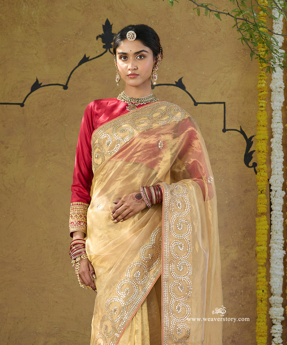 Handloom_Gold_Pure_Tissue_Silk_Saree_With_Gota_Patti_Embroidery_WeaverStory_02