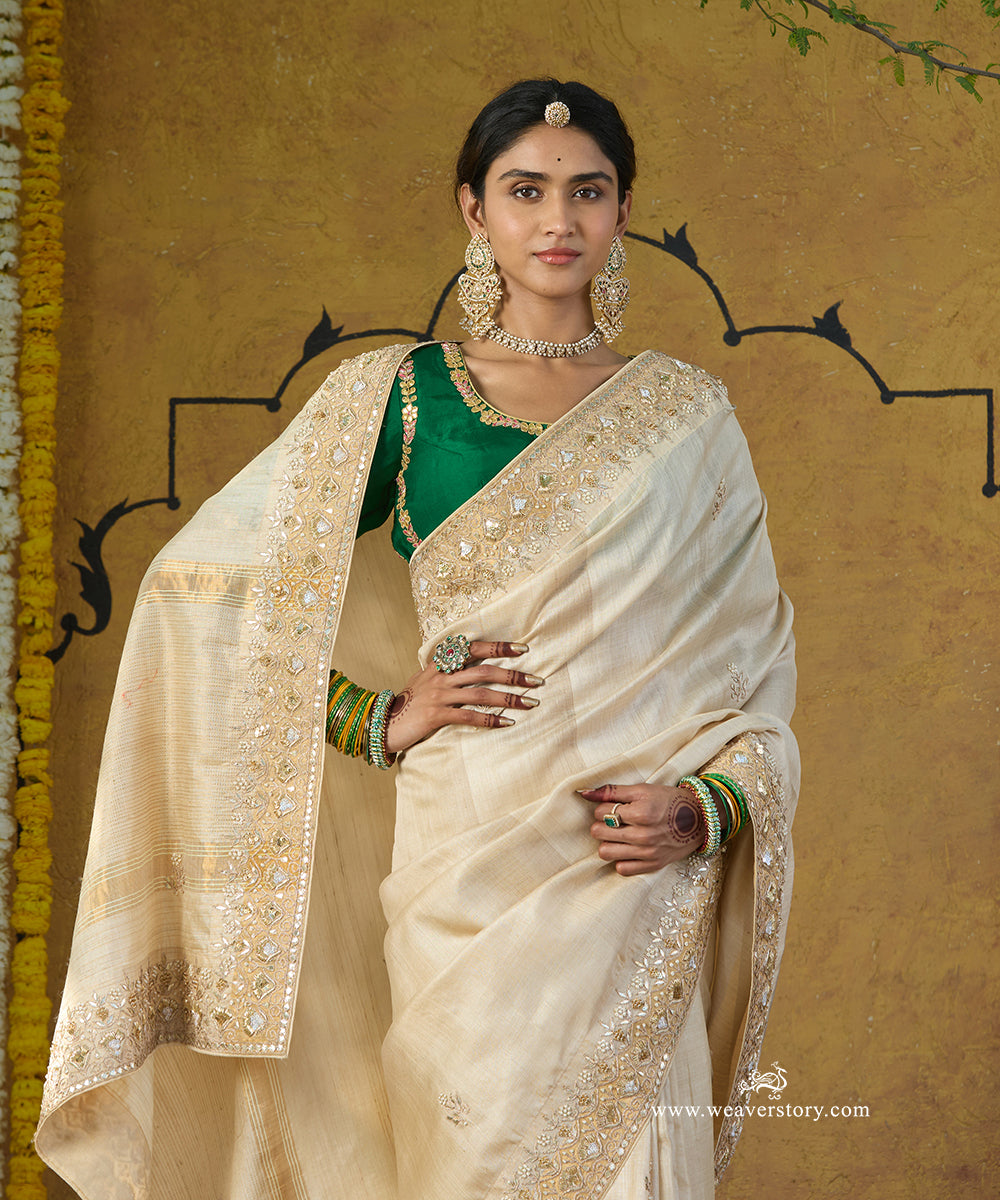 Handloom_Offwhite_Pure_Tussar_Silk_Saree_With_Gota_Patti_And_Dabka_Work_WeaverStory_02