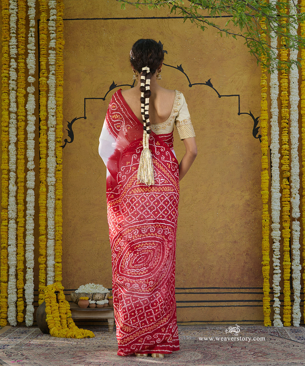 Red_And_White_Handloom_Pure_Georgette_Bandhej_Saree_With_Mukaish_Work_WeaverStory_03