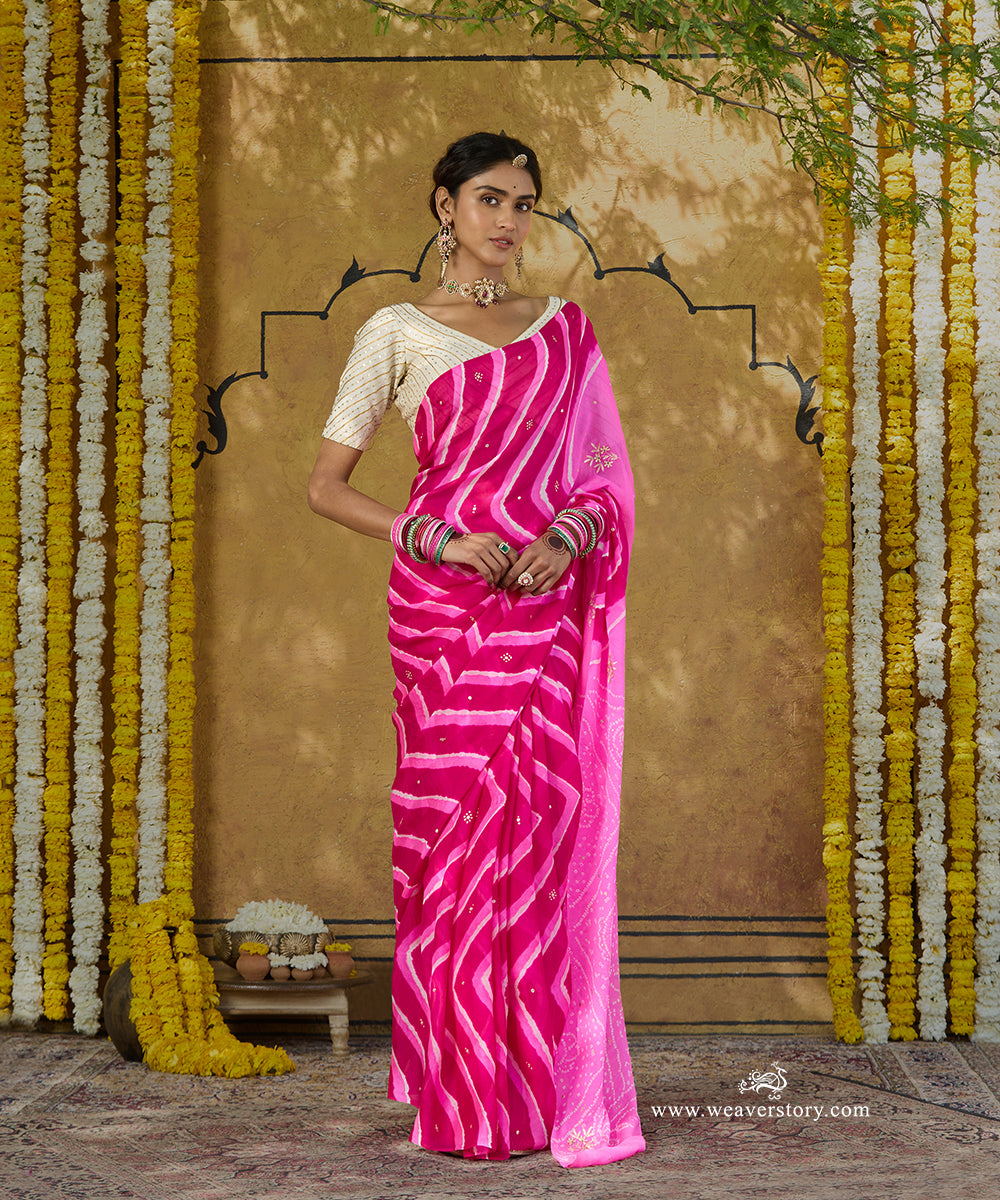 Handloom_Rani_Pink_Pure_Georgette_Bandhej_Saree_With_Small_Embroidery_WeaverStory_01