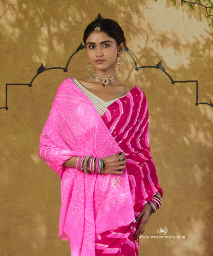 Handloom_Rani_Pink_Pure_Georgette_Bandhej_Saree_With_Small_Embroidery_WeaverStory_02