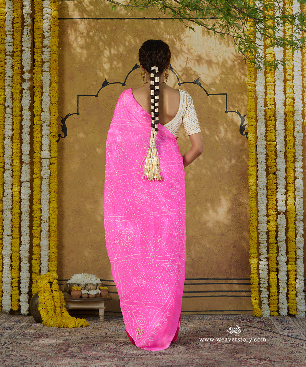 Handloom_Rani_Pink_Pure_Georgette_Bandhej_Saree_With_Small_Embroidery_WeaverStory_03