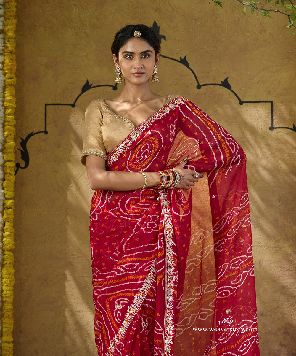 Handloom_Red_Pure_Georgette_Bandhej_Saree_With_Ambi_Motifs_Embroidery_WeaverStory_02