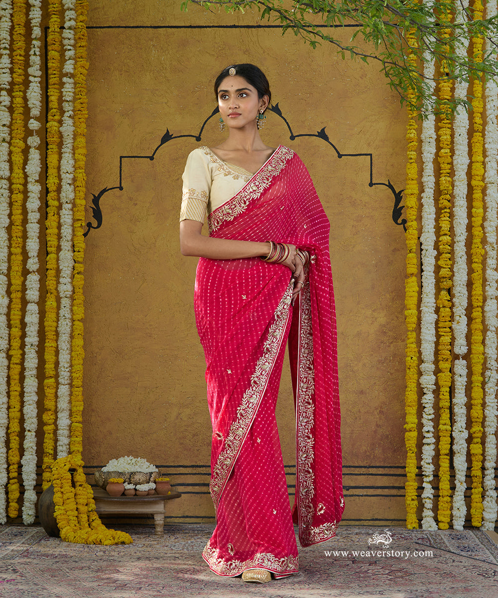 Handloom_Pink_Pure_Georgette_Bandhej_Saree_With_Ambi_Jaal_Border_Embroidery_WeaverStory_01