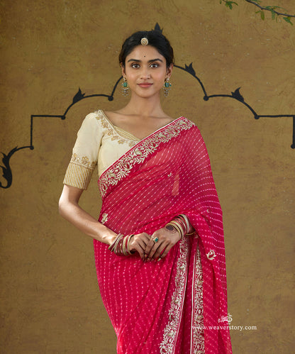 Handloom_Pink_Pure_Georgette_Bandhej_Saree_With_Ambi_Jaal_Border_Embroidery_WeaverStory_02