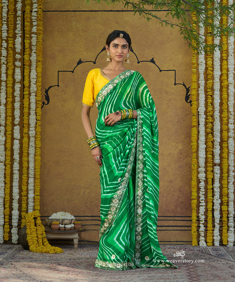 Green_Handloom_Pure_Georgette_Bandhej_Saree_With_Sunflower_Embroidery_Border_WeaverStory_01