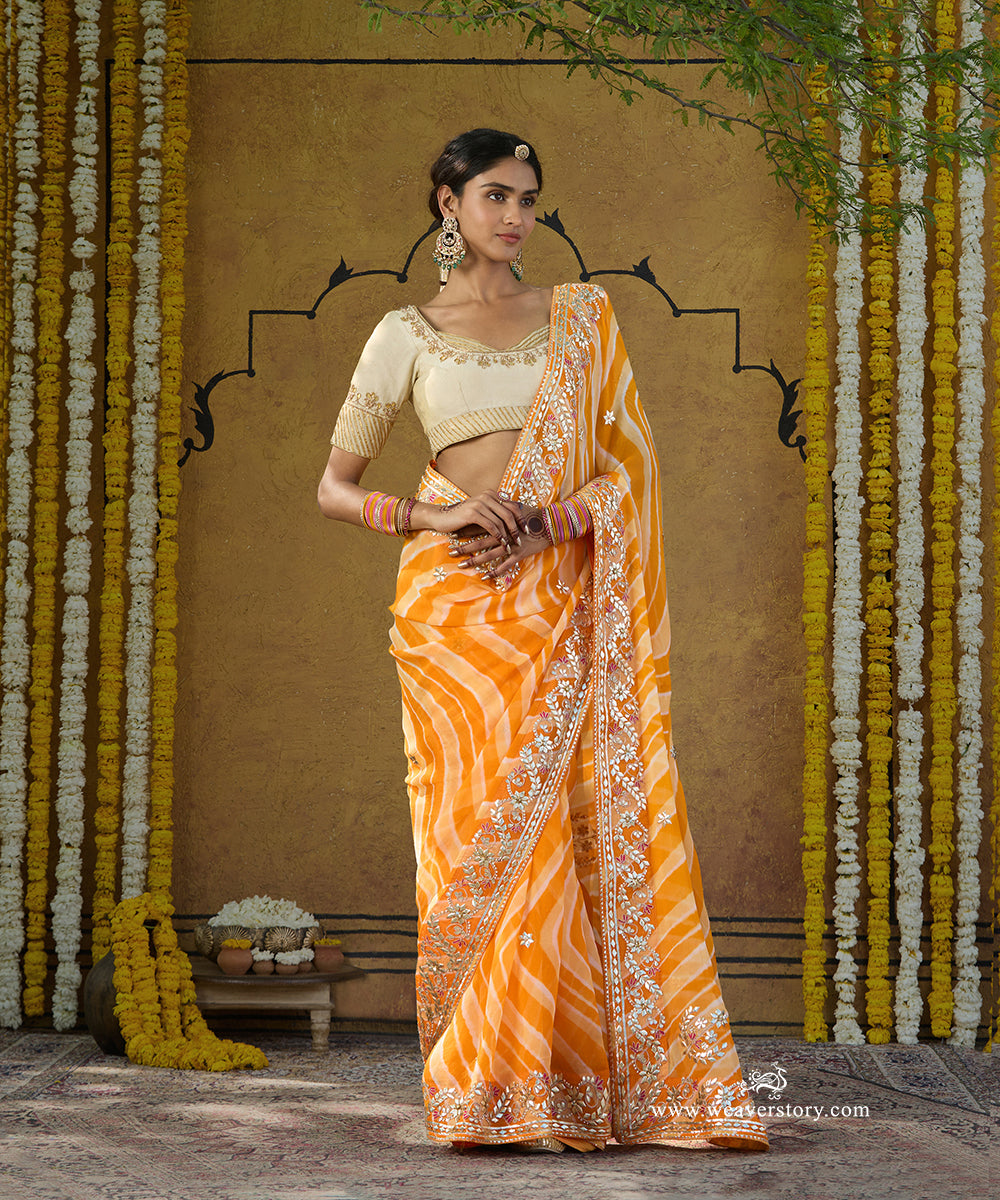 Handloom_Yellow_Pure_Georgette_Bandhej_Saree_With_Gota_Patti_Border_WeaverStory_01