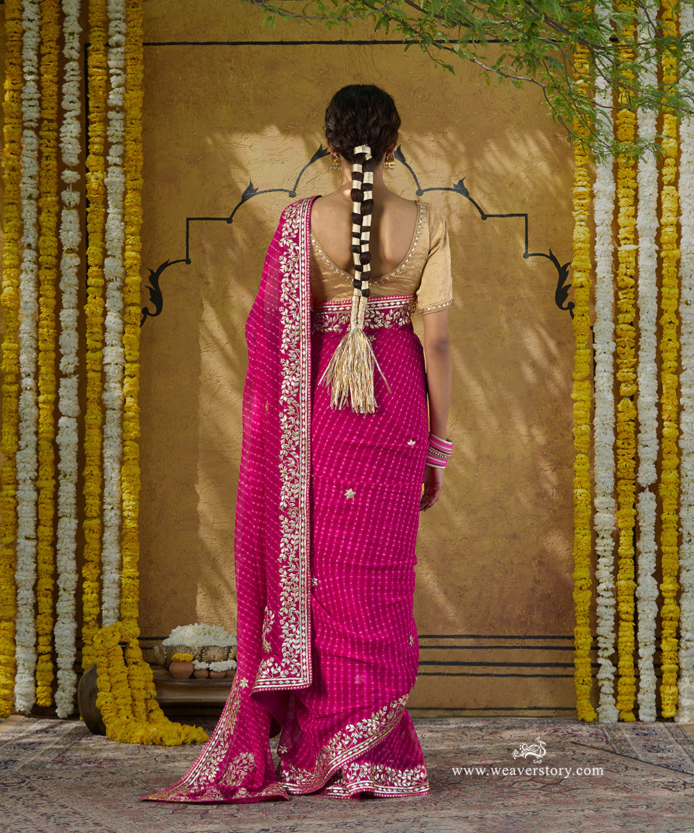 Rani_Pink_Handloom_Pure_Georgette_Bandhej_Saree_With_Gota_Patti_Border_WeaverStory_03