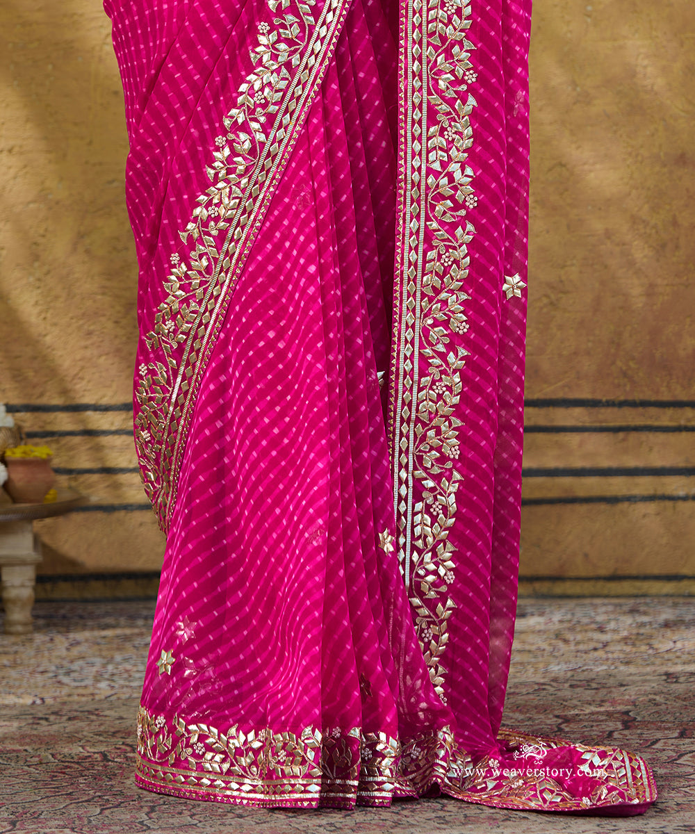 Rani_Pink_Handloom_Pure_Georgette_Bandhej_Saree_With_Gota_Patti_Border_WeaverStory_04