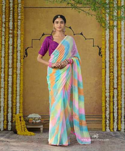 Handloom_Pink_And_Orange_Ombre_Dyed_Pure_Georgette_Saree_With_Thin_Border_WeaverStory_01