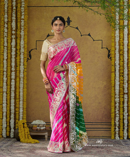 Handloom_Pink_And_Green_Pure_Georgette_Leheriya_Saree_With_Heavy_Gota_Patti_Border_WeaverStory_01