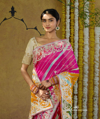 Handloom_Pink_And_Green_Pure_Georgette_Leheriya_Saree_With_Heavy_Gota_Patti_Border_WeaverStory_02