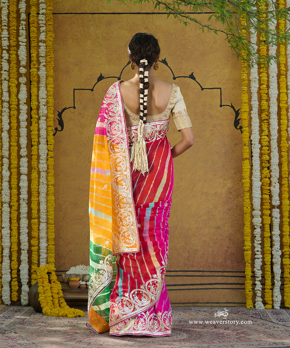 Handloom_Pink_And_Green_Pure_Georgette_Leheriya_Saree_With_Heavy_Gota_Patti_Border_WeaverStory_03