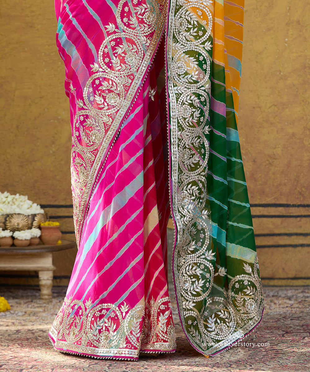 Handloom_Pink_And_Green_Pure_Georgette_Leheriya_Saree_With_Heavy_Gota_Patti_Border_WeaverStory_04