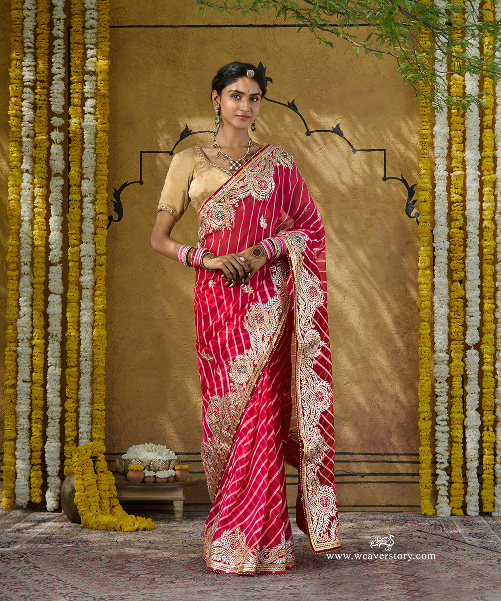 Red_And_Pink_Handloom_Pure_Georgette_Saree_With_Heavy_Gota_Patti_Border_And_Green_Meena_WeaverStory_01