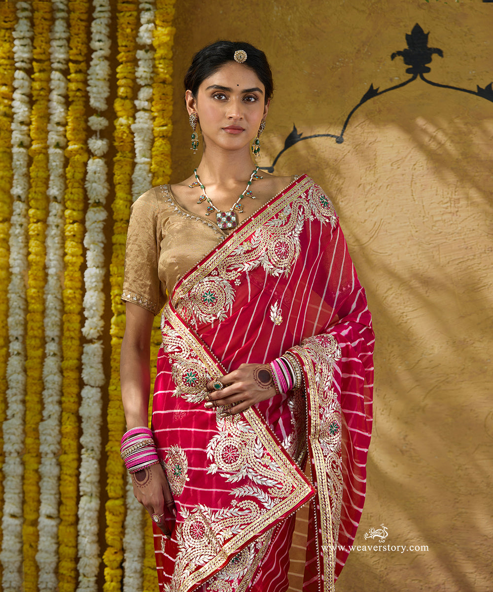 Red_And_Pink_Handloom_Pure_Georgette_Saree_With_Heavy_Gota_Patti_Border_And_Green_Meena_WeaverStory_02