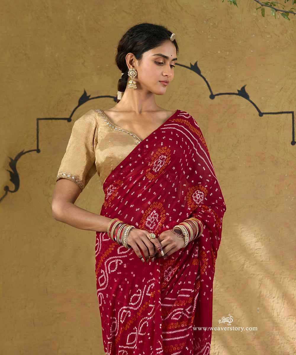 Red_Handloom_Pure_Georgette_Bandhej_Saree_WeaverStory_02