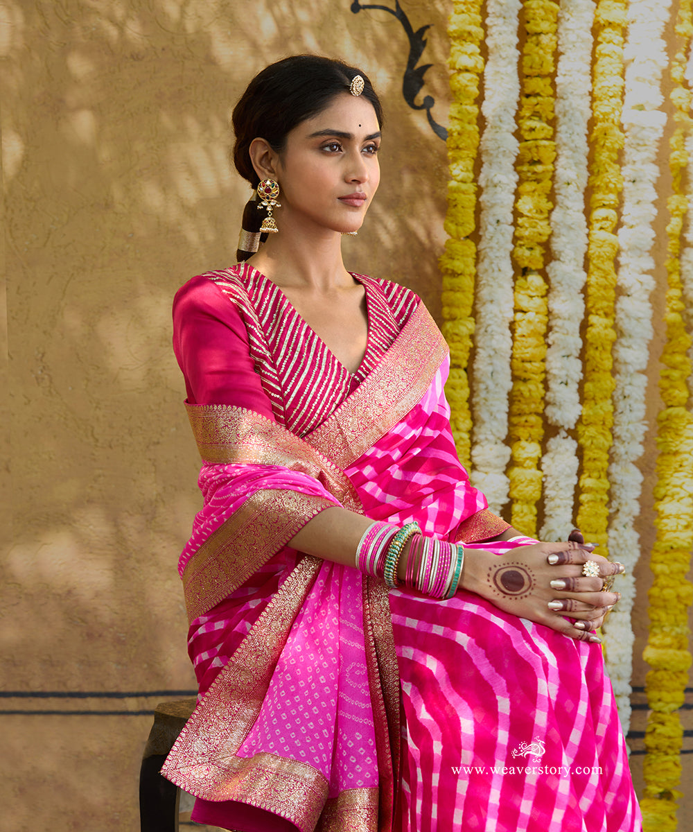 Handloom_Pink_And_White_Pure_Georgette_Bandhej_Saree_WeaverStory_01