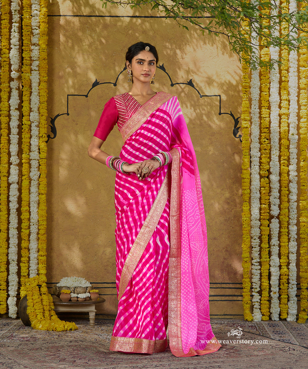 Handloom_Pink_And_White_Pure_Georgette_Bandhej_Saree_WeaverStory_02