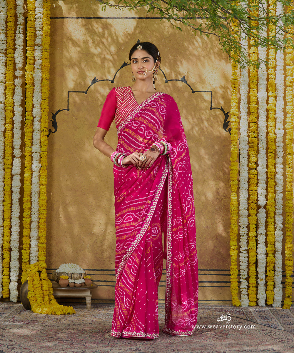 Handloom_Pink_Pure_Georgette_Bandhej_Saree_With_Gota_Patti_Thin_Border_WeaverStory_01