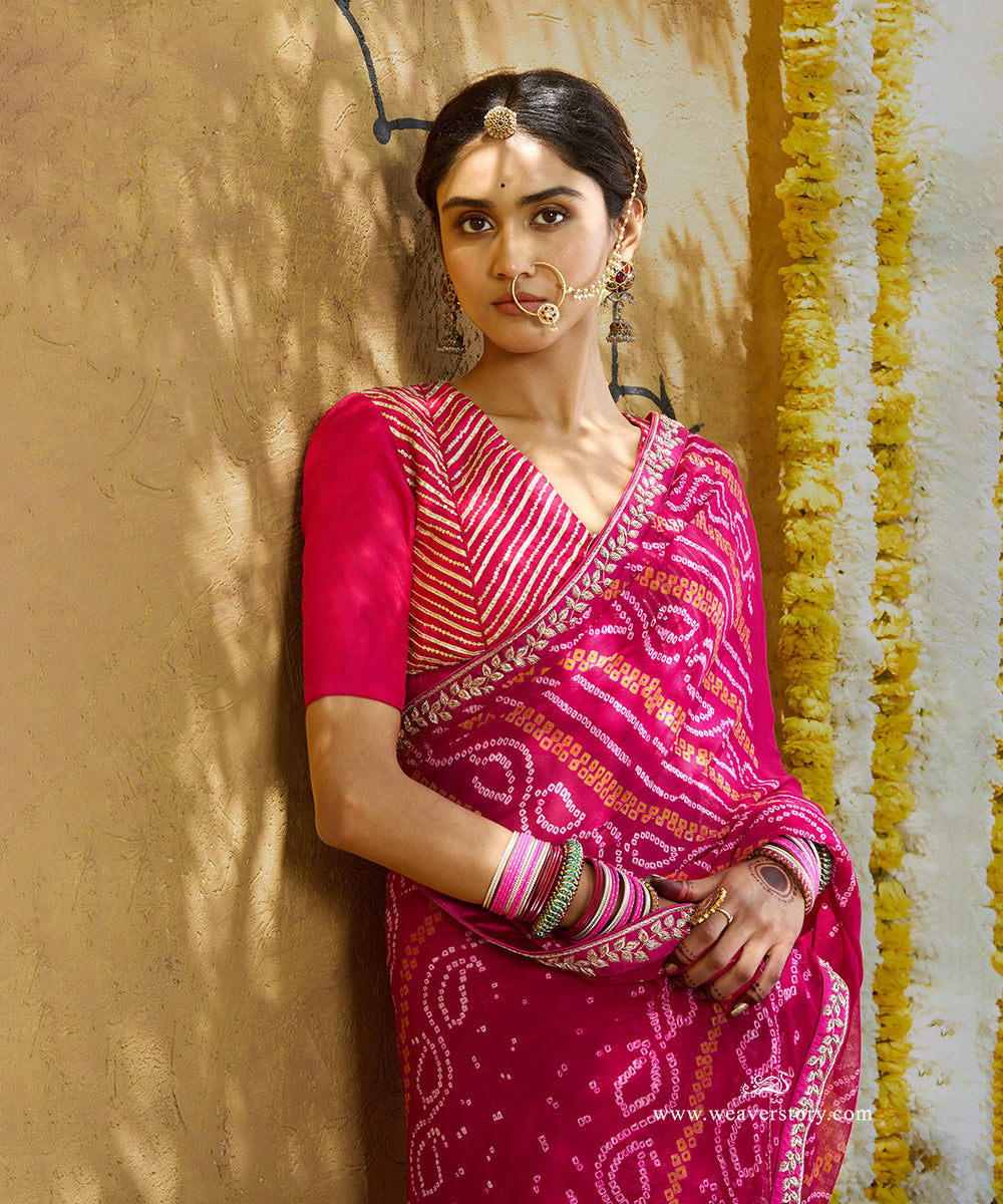 Handloom_Pink_Pure_Georgette_Bandhej_Saree_With_Gota_Patti_Thin_Border_WeaverStory_02