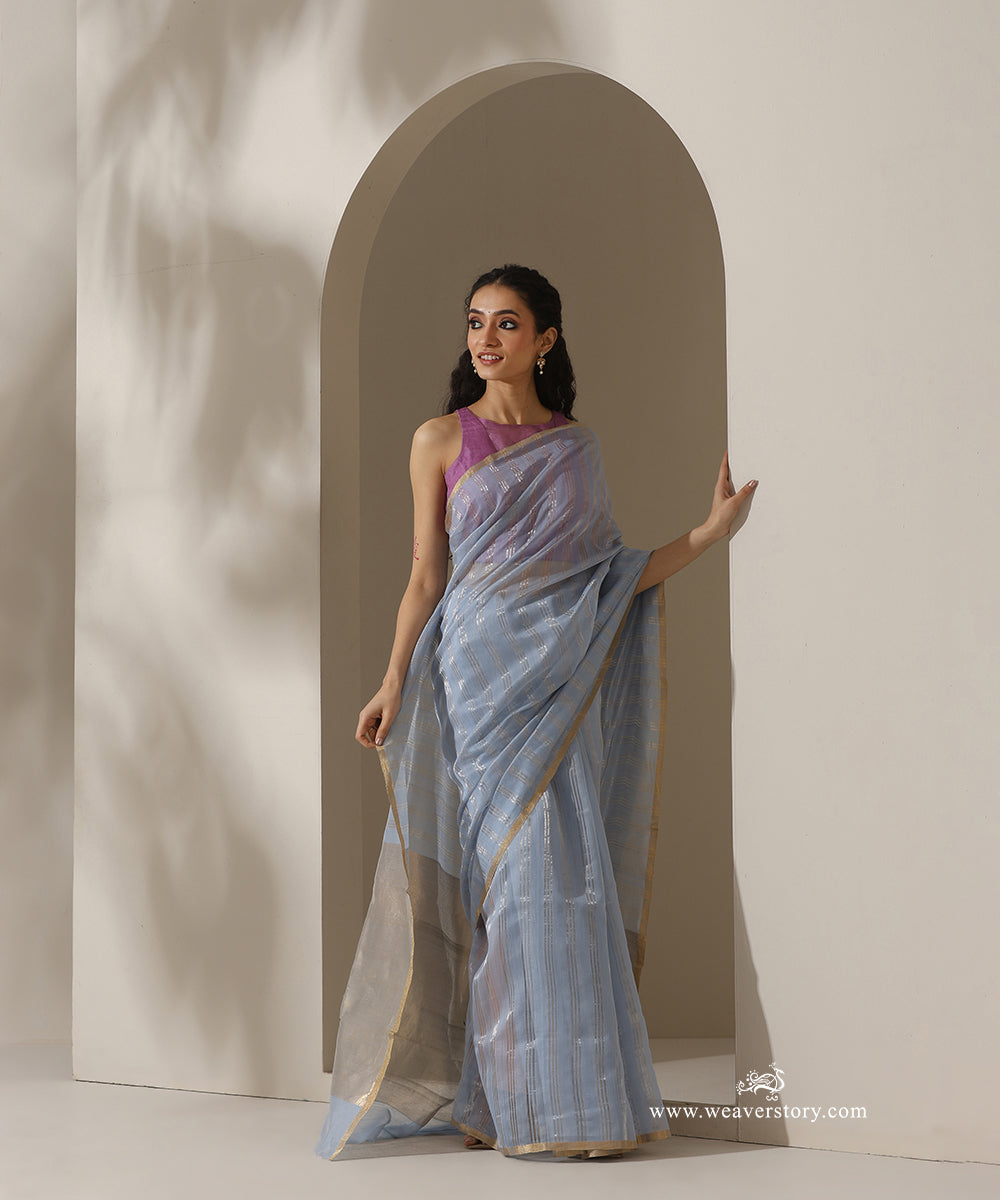 Ice_Blue_Handloom_Pure_Cotton_Chanderi_Saree_With_Silver_Zari_Lines_WeaverStory_01