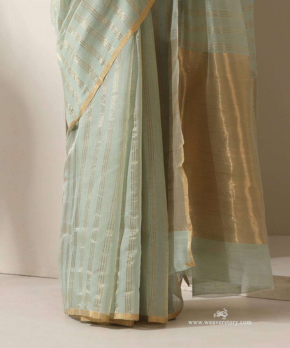 Pista_Handloom_Pure_Cotton_Chanderi_Saree_With_Gold_Zari_Lines_WeaverStory_04