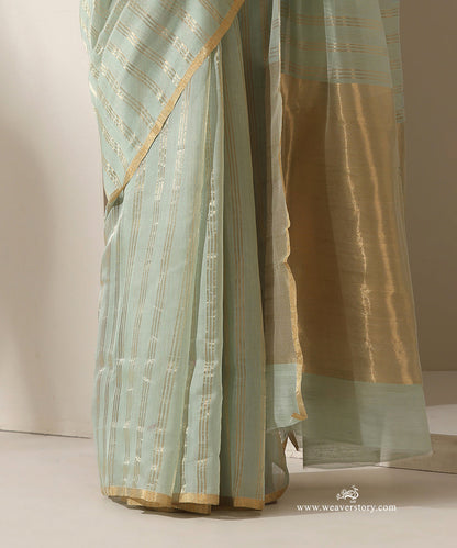 Pista_Handloom_Pure_Cotton_Chanderi_Saree_With_Gold_Zari_Lines_WeaverStory_04