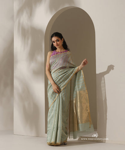 Pista_Handloom_Pure_Cotton_Chanderi_Saree_With_Gold_Zari_Lines_WeaverStory_01