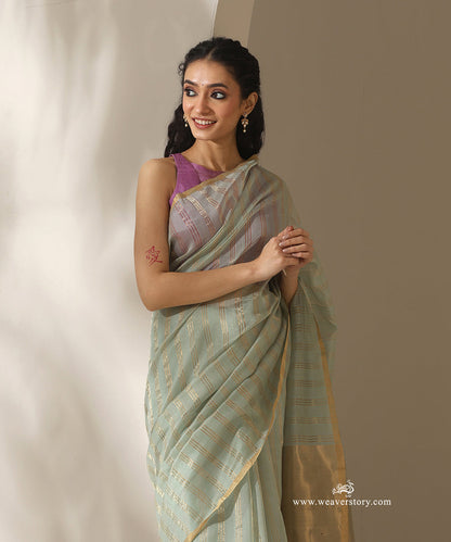 Pista_Handloom_Pure_Cotton_Chanderi_Saree_With_Gold_Zari_Lines_WeaverStory_02