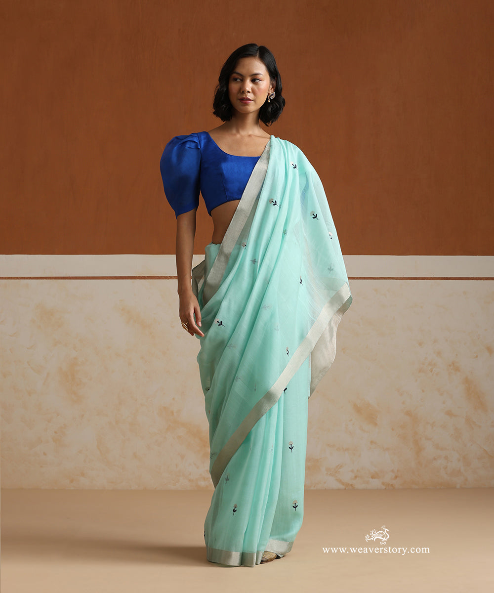 Handloom_Aqua_Blue_Pure_Cotton_Chanderi_Saree_With_Silver_And_Blue_Meena_Small_Flowers_With_Silver_Zari_Border_WeaverStory_01
