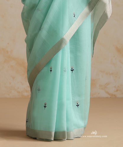 Handloom_Aqua_Blue_Pure_Cotton_Chanderi_Saree_With_Silver_And_Blue_Meena_Small_Flowers_With_Silver_Zari_Border_WeaverStory_04