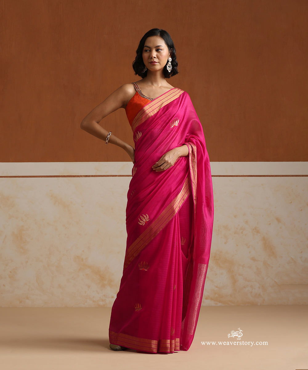 Handloom_Rani_Pink_Pure_Soft_Cotton_Chanderi_Saree_With_Gold_Flower_Booti_With_Orange_Meena_And_Gold_Border_WeaverStory_01