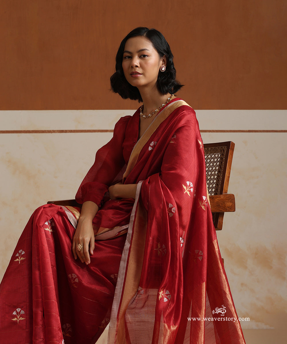 Handloom_Rust_Pure_Soft_Silk_Chanderi_Saree_With_Tulip_Boota_WeaverStory_01