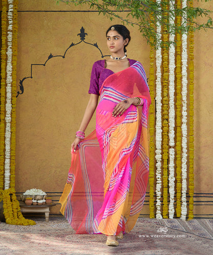 Orange_And_Green_Handloom_Ombre_Dyed_Pure_Georgette_Bandhej_Saree_WeaverStory_01