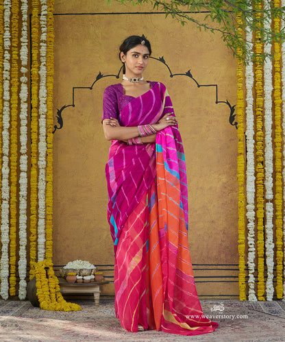 Pink_And_Orange_Handloom_Ombre_Dyed_Leheriya_Pure_Georgette_Bandhej_Saree_WeaverStory_01