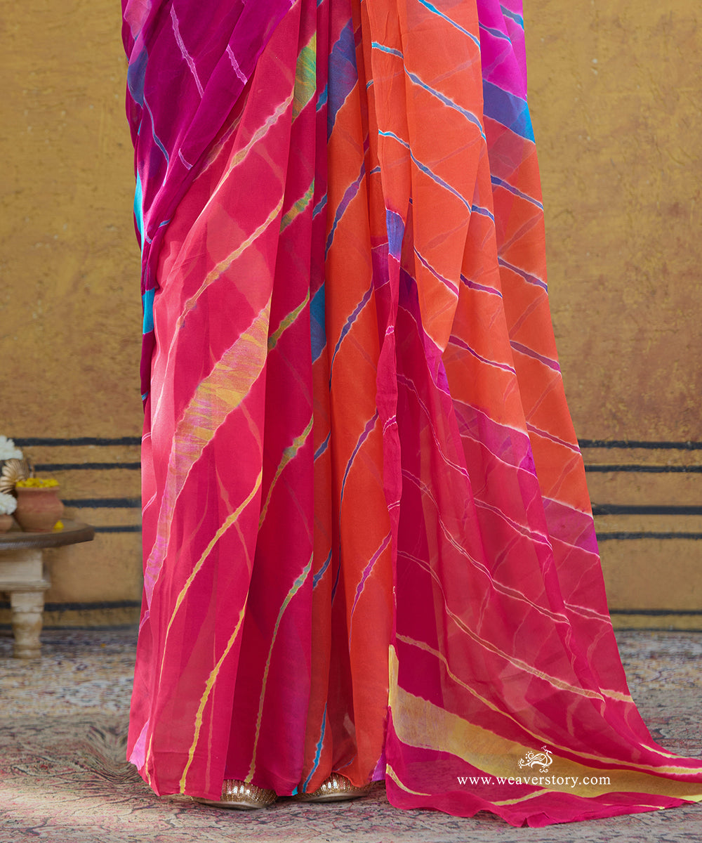 Pink_And_Orange_Handloom_Ombre_Dyed_Leheriya_Pure_Georgette_Bandhej_Saree_WeaverStory_04