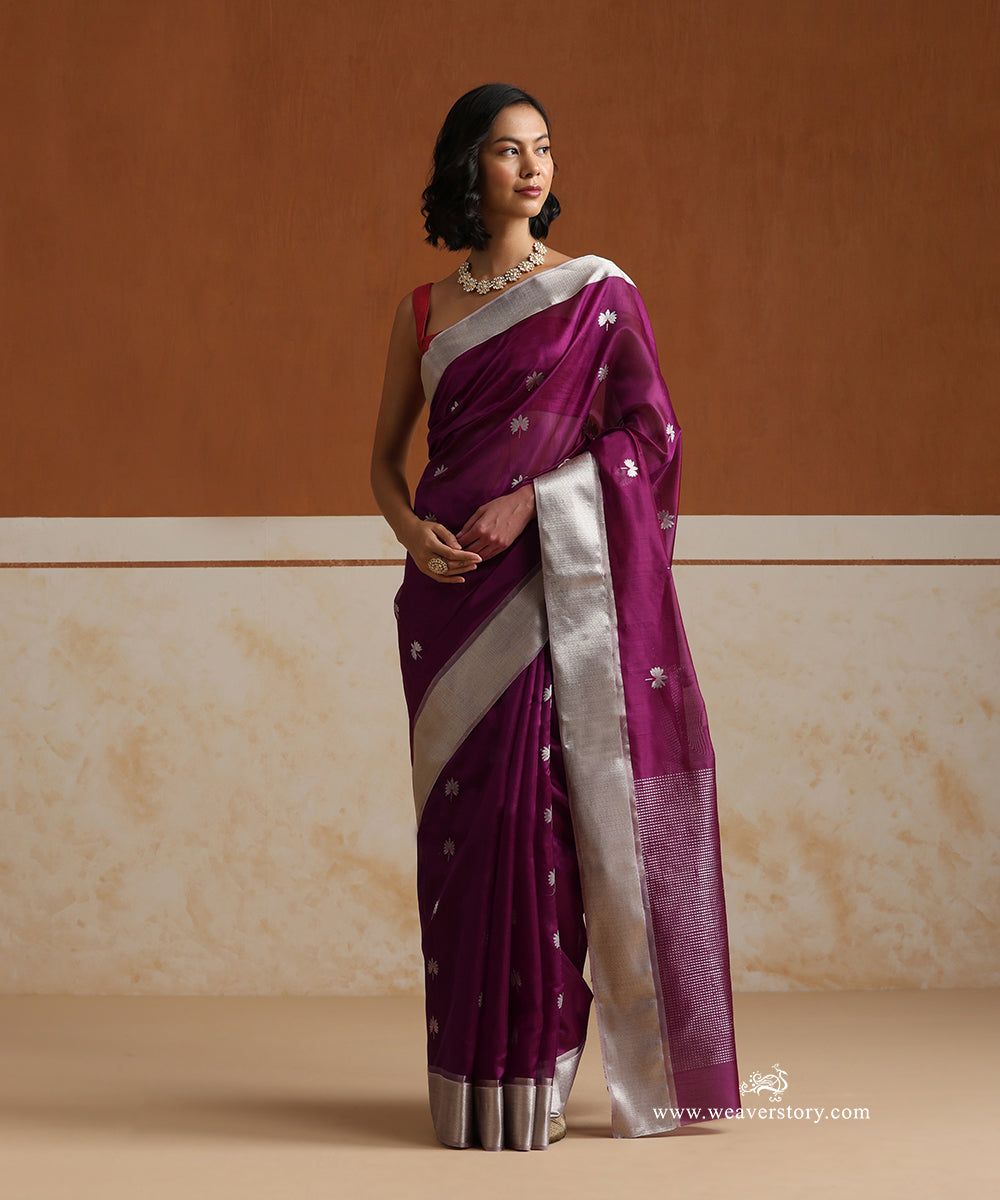 Plum_Handloom_Pure_Silk_Chanderi_Saree_With_Silver_Zari_Flowers_Boota_And_Silver_Saffron_Border_WeaverStory_01