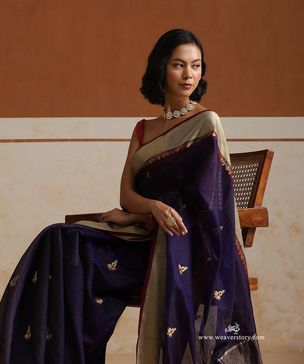 Dark_Purple_Handloom_Pure_Silk_Chanderi_Saree_With_Gold_Zari_Flowers_Boota_And_Gold_Havy_Border_With_Plum_Selvedge_WeaverStory_01