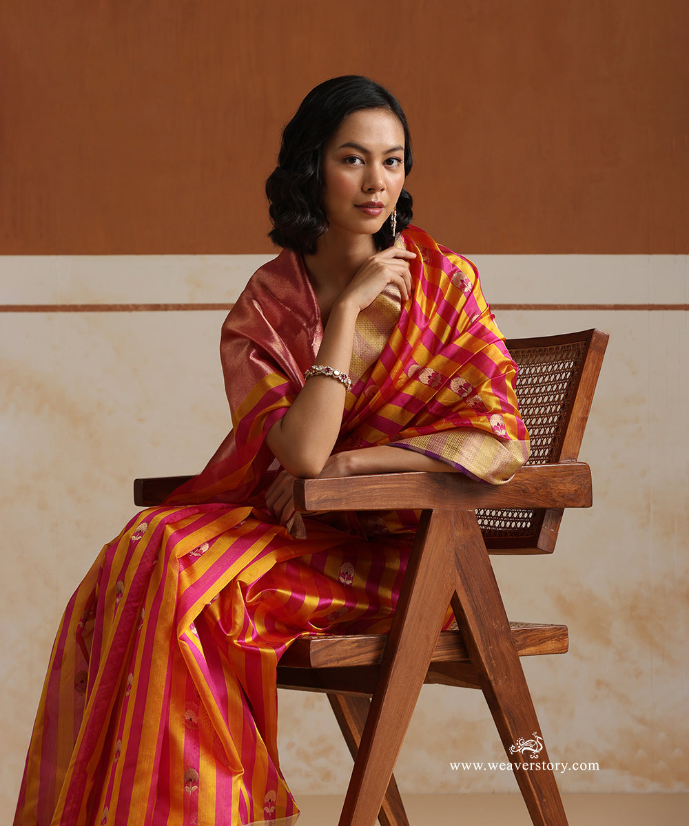Yellow_And_Pink_Handloom_Striped_Pure_Silk_Chanderi_Saree_With_Marigold_Flowers_Boota_WeaverStory_01