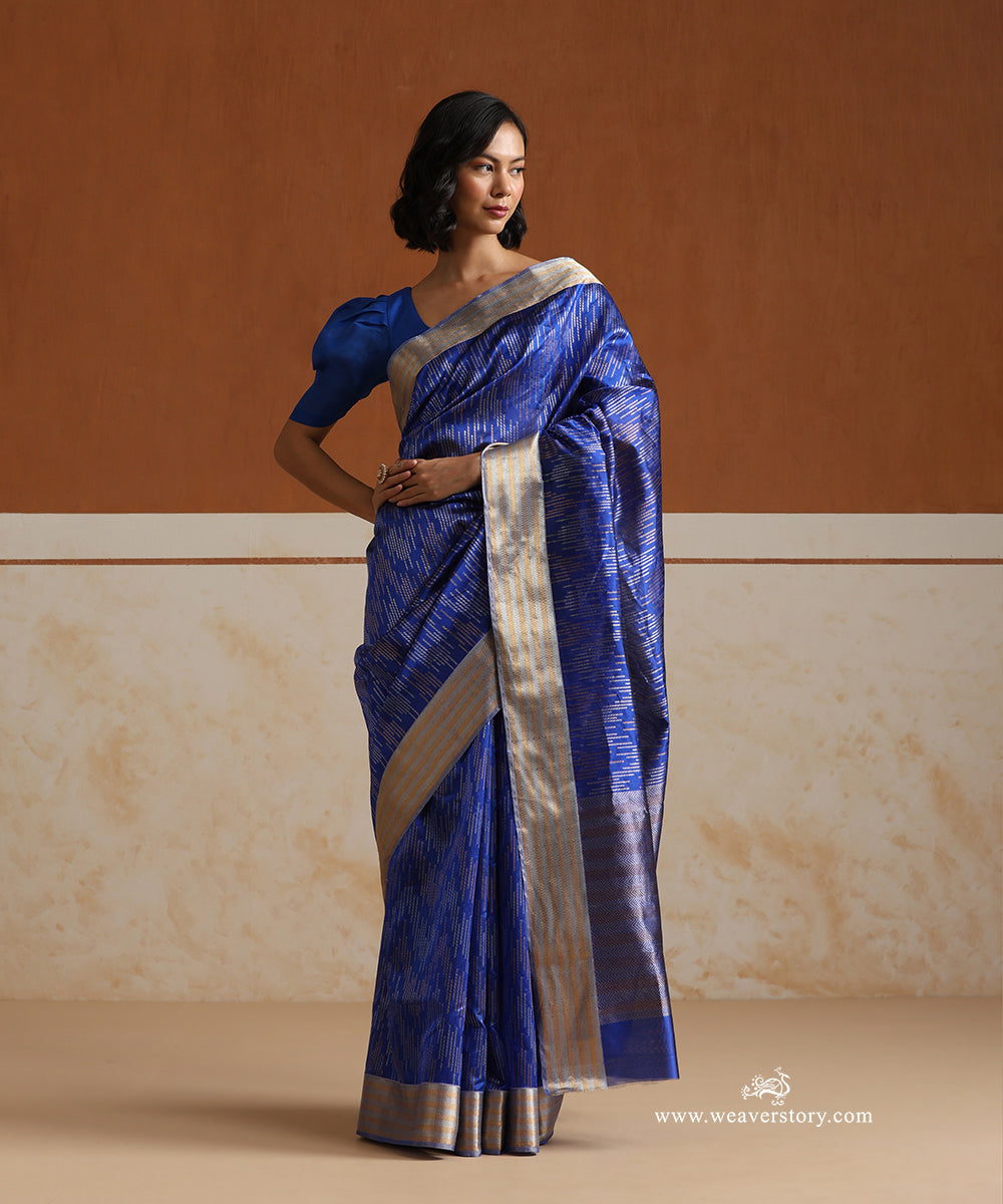 Electric_Blue_Handloom_Pure_Silk_Chanderi_Saree_With_Allover_Gold_And_Silver_Zari_Saffron_Pattern_WeaverStory_01