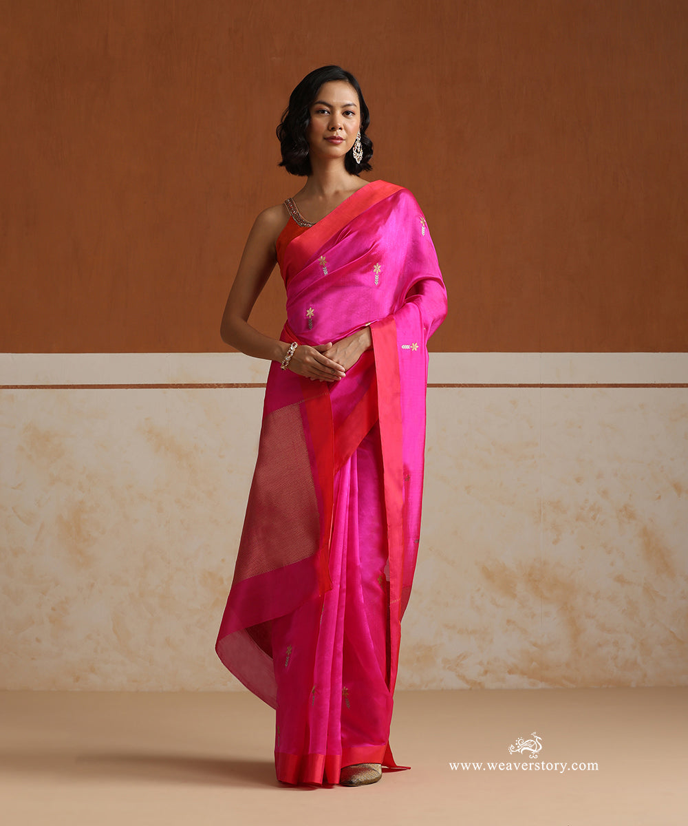 Hot_Pink_Handloom_Pure_Silk_Chanderi_Saree_With_Cherry_Blossom_Flower_Motifs_WeaverStory_01