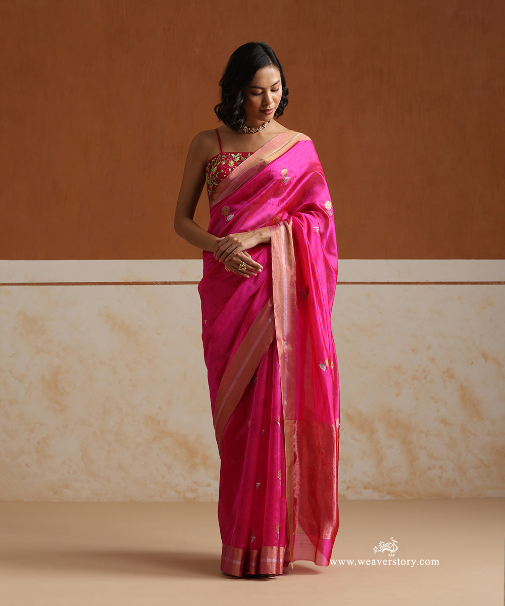 Hot_Pink_Handloom_Pure_Silk_Chanderi_Saree_With_Marigold_Motifs_And_Gold_Silver_Border_WeaverStory_01