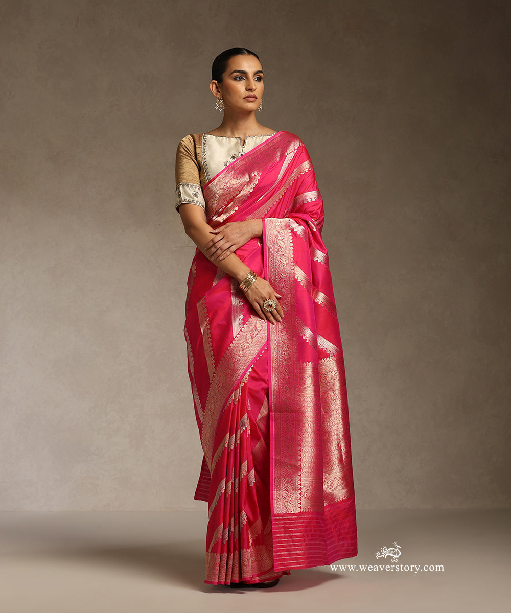 Hot_Pink_Handloom_Pure_Katan_Silk_Saree_With_Kadhwa_Diagonol_Bel_WeaverStory_01