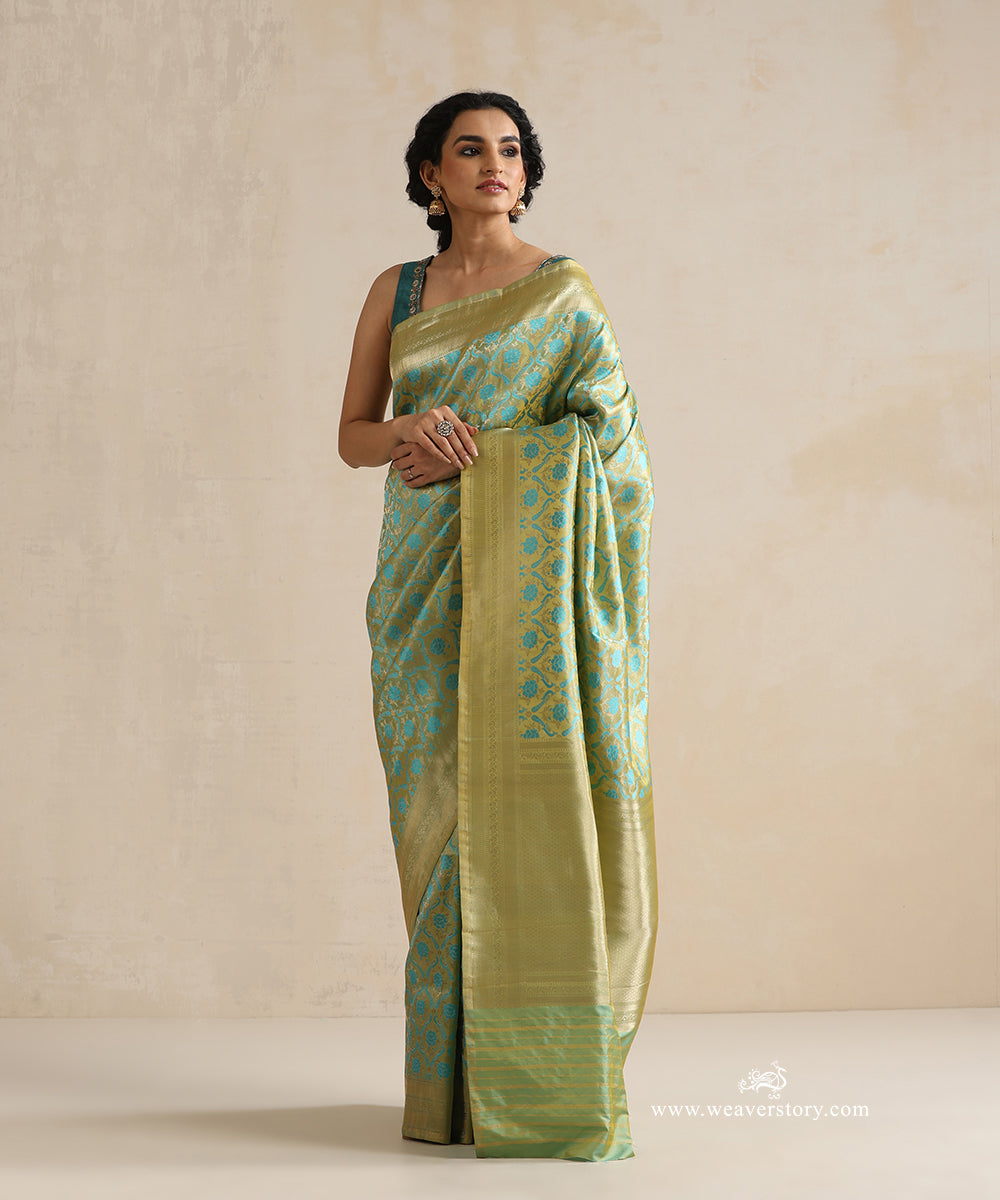 Handloom_Parrot_Green_Pure_Satin_Silk_Tanchoi_Banarasi_Saree_With_Turquoise_Meena_Shikargah_Motifs_WeaverStory_01