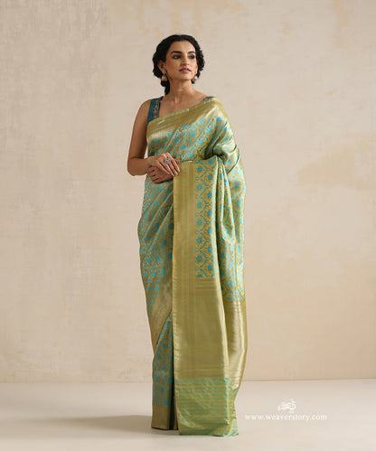 Handloom_Parrot_Green_Pure_Satin_Silk_Tanchoi_Banarasi_Saree_With_Turquoise_Meena_Shikargah_Motifs_WeaverStory_01
